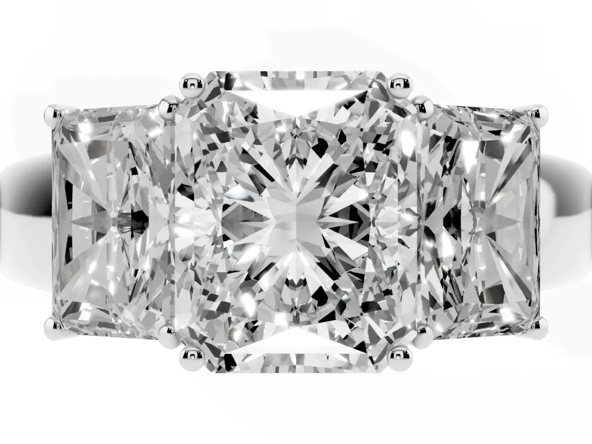 Three-Stone Radiant Cut Cut Diamond Ring with Prong Setting and Classic Band White gold
