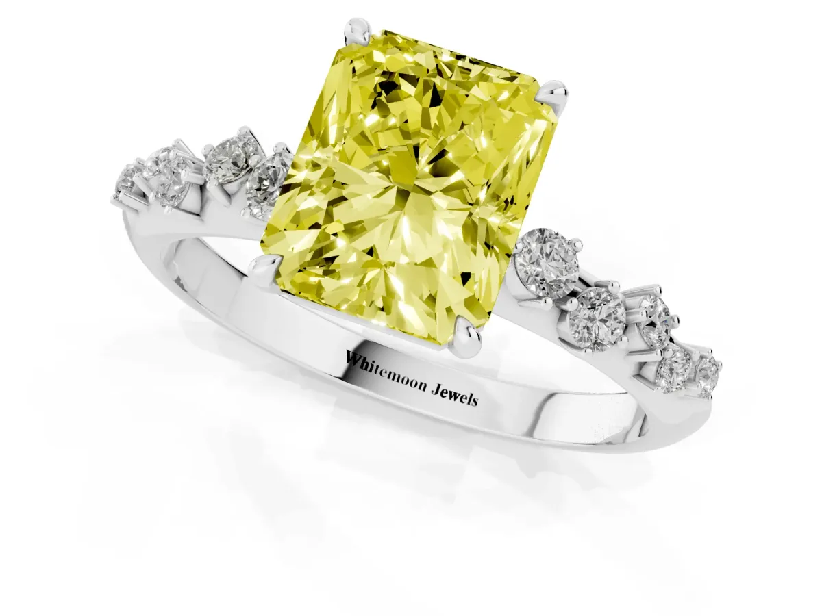 Fancy Yellow Radiant Cut Diamond Cluster Side Stone Solitaire Ring with Prong Setting White gold