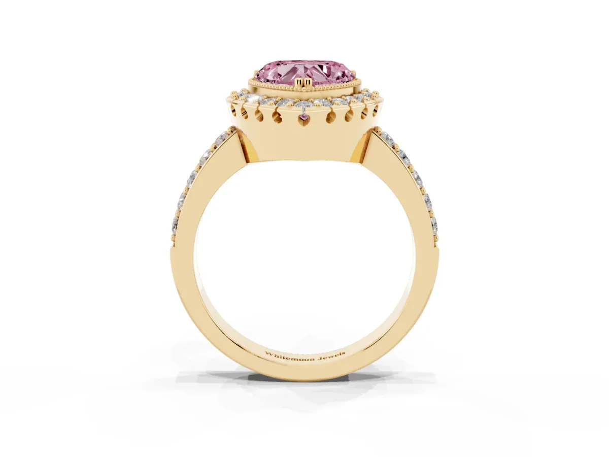 Fancy Pink Heart Cut Diamond Halo Ring with Pavé Band and Prong Setting Yellow gold
