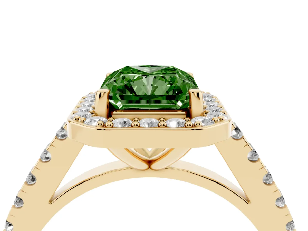 Fancy Green Radiant Cut Diamond Halo Ring with Round Pavé Split Shank and Prong Setting Yellow gold