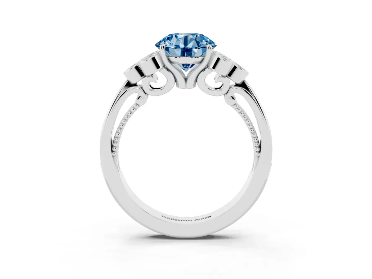 Fancy Blue Round Cut Cut Diamond Engagement Ring with Bezel Set Round Side Stones and Prong Setting Silver