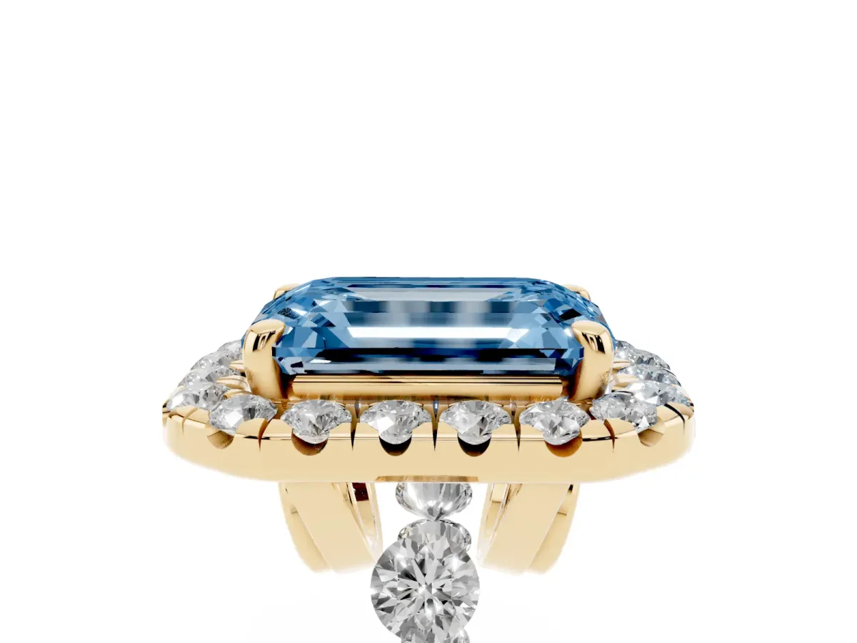 Fancy Blue Emerald Cut Halo Pavé Diamond Engagement Ring with Four-Prong Setting Yellow gold