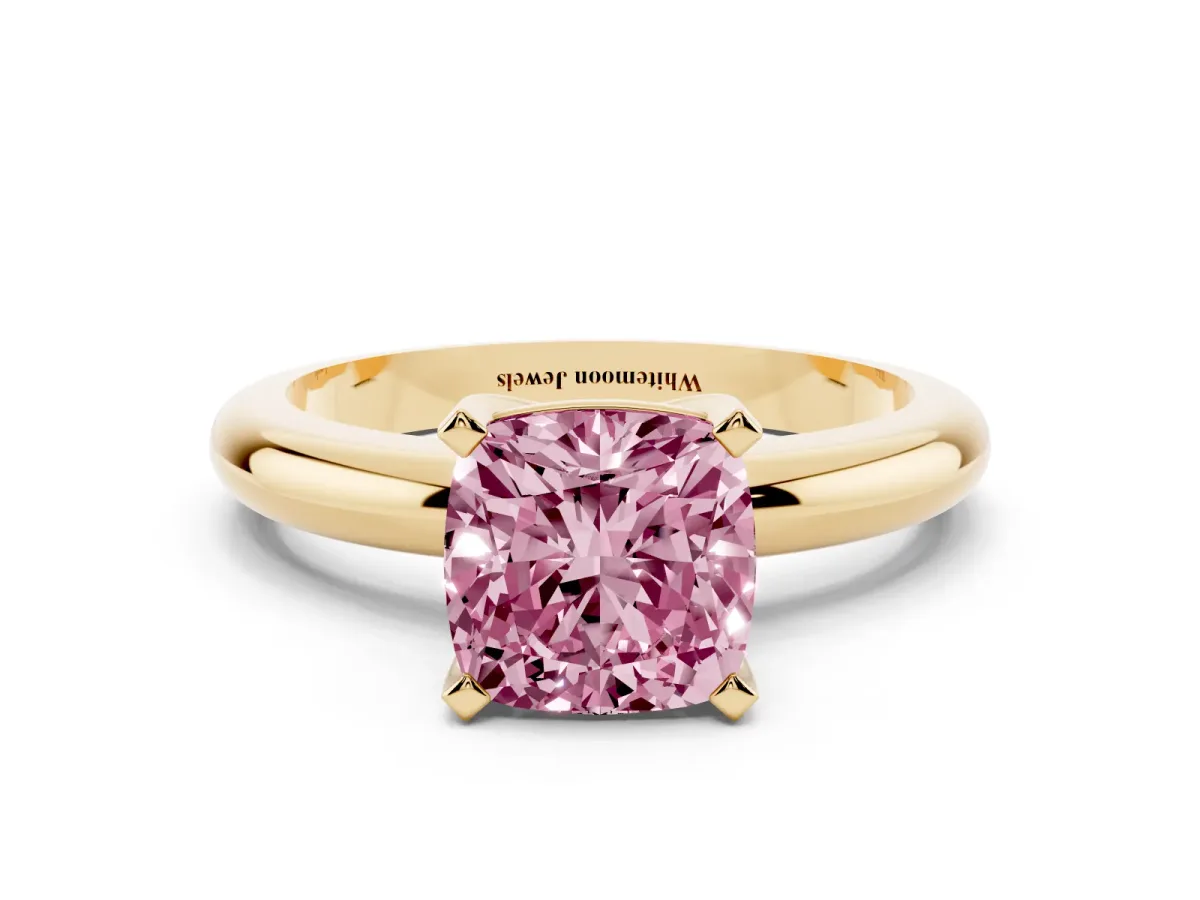 Fancy Pink Cushion Cut Diamond Solitaire Engagement Ring with Round Band and Four-Prong Setting Yellow gold