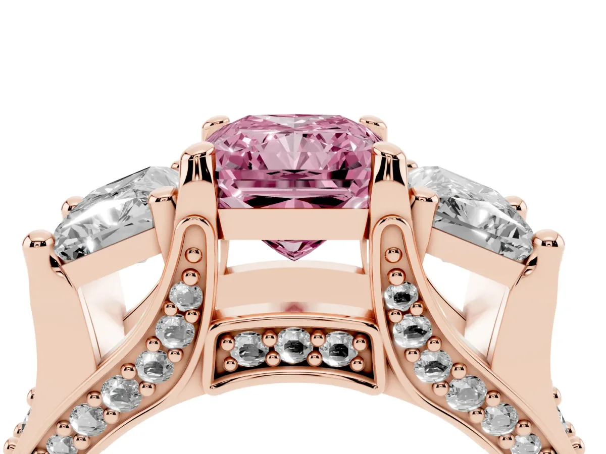 Fancy Pink Radiant Cut Diamond Three-Stone Ring with Channel Set Band and Four-Prong Setting Rose gold