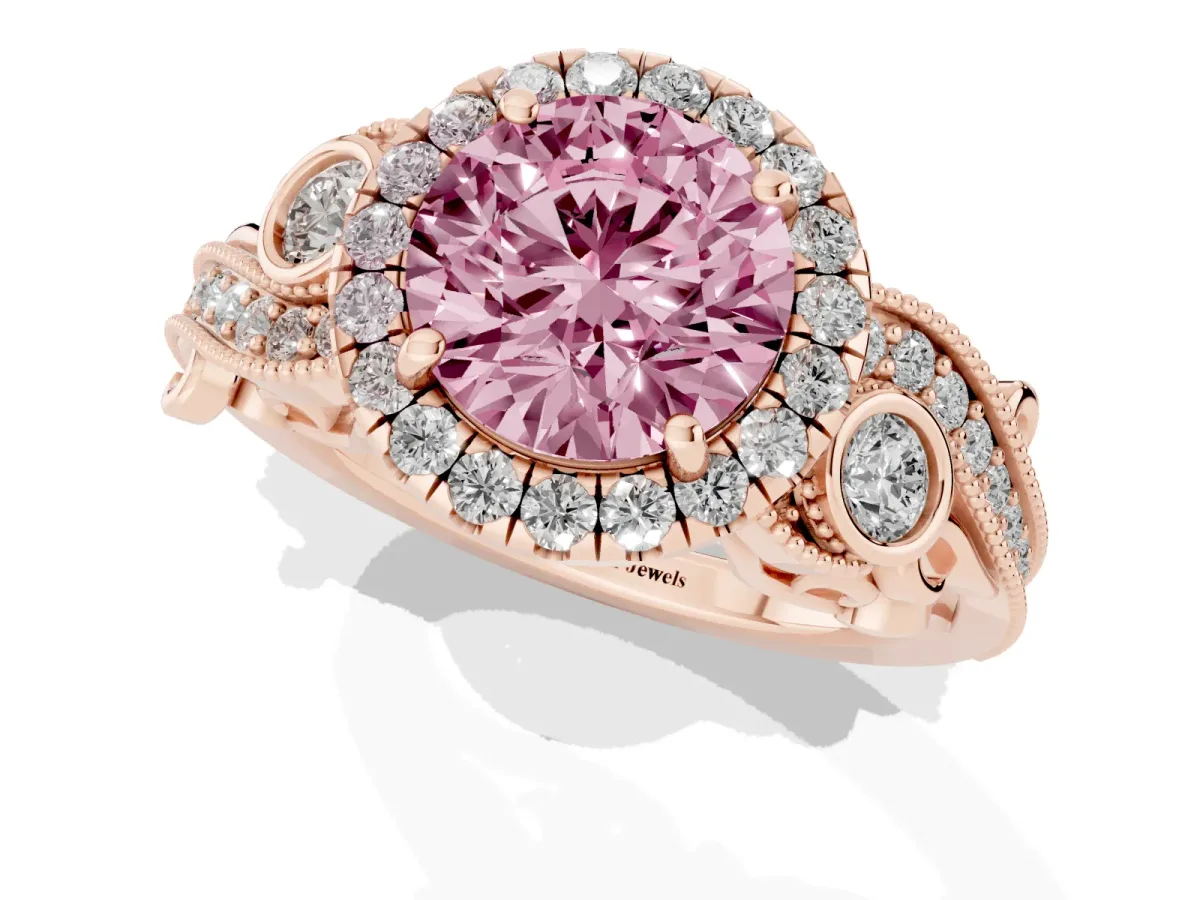 Fancy Pink Round Cut Halo Diamond Ring with Milgrain and Bezel Accents on a Split Shank Band Rose gold