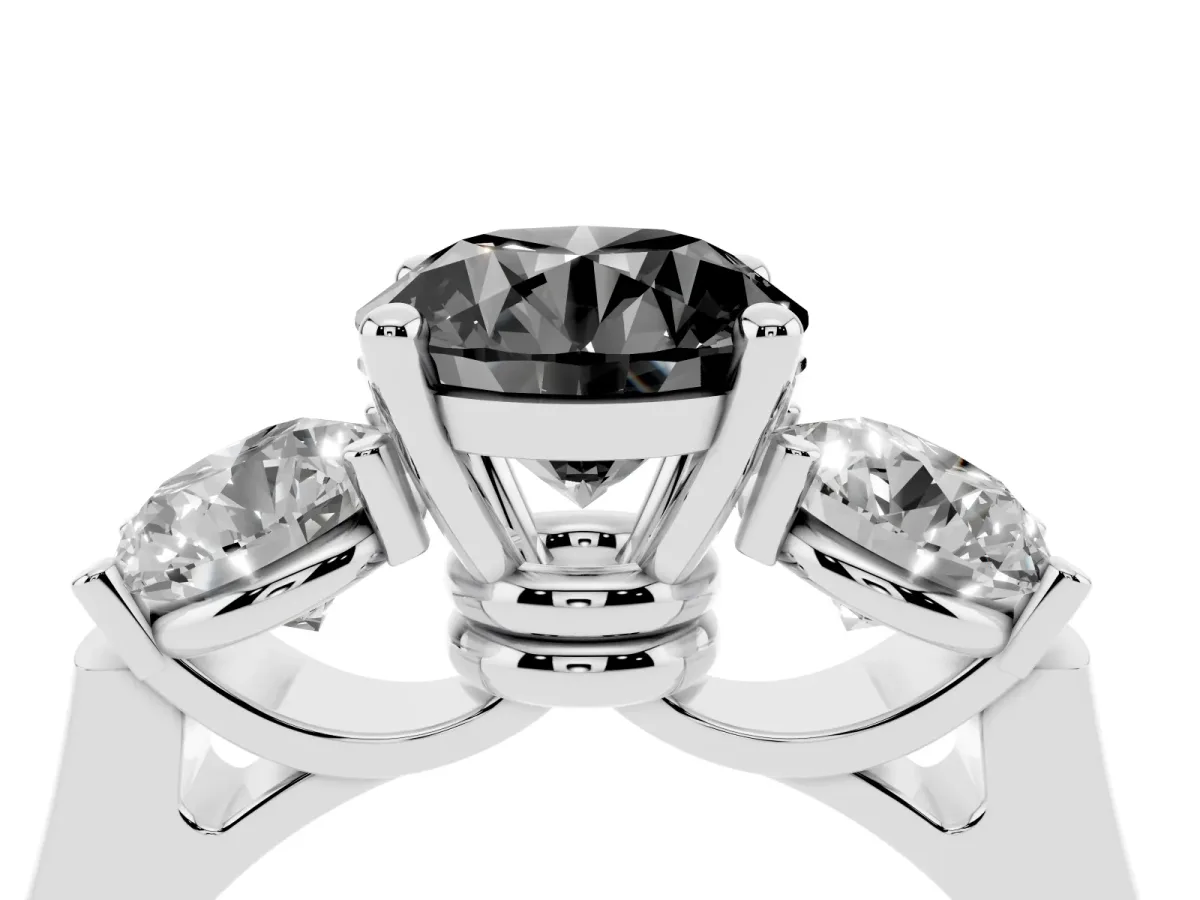 Fancy Black Three-Stone Round Cut Brilliant Diamond Trellis Ring with Comfort Fit Band Platinum
