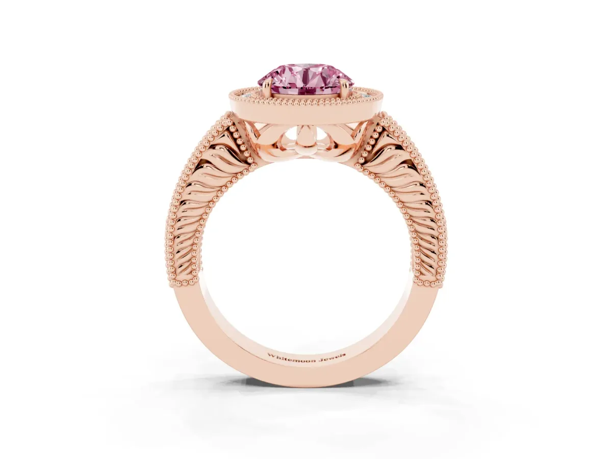 Fancy Pink Round Cut Cut Halo Diamond Ring with Pavé Band and Four-Prong Setting Rose gold