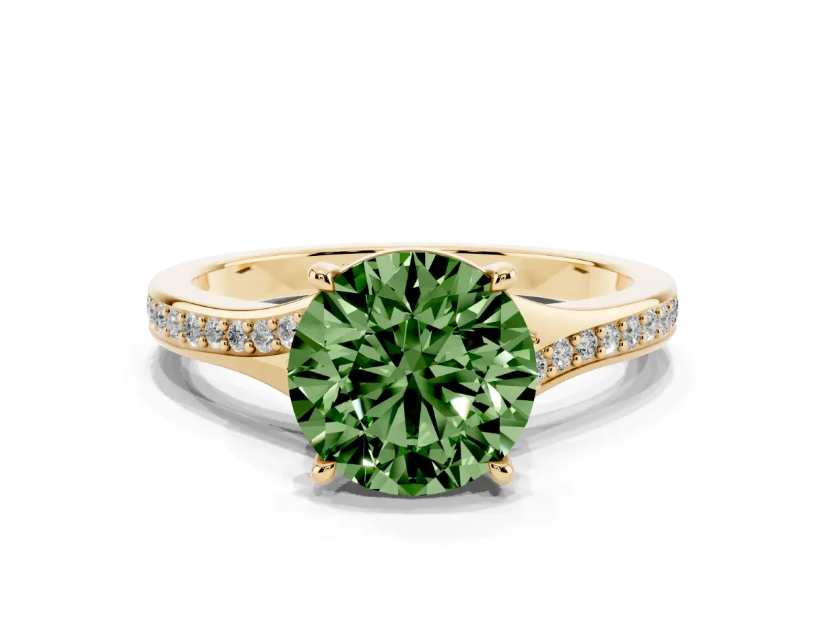 Fancy Green Round Cut Diamond Solitaire Ring with Pavé Band and Prong Setting Yellow gold