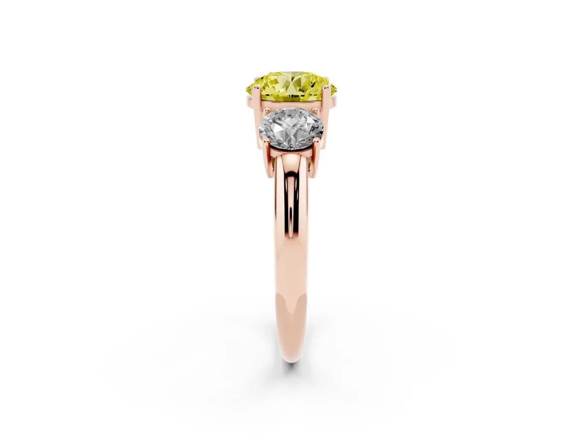 Fancy Yellow Three-Stone Round Cut Cut Diamond Engagement Ring with Prong Setting on a White Gold Band Rose gold