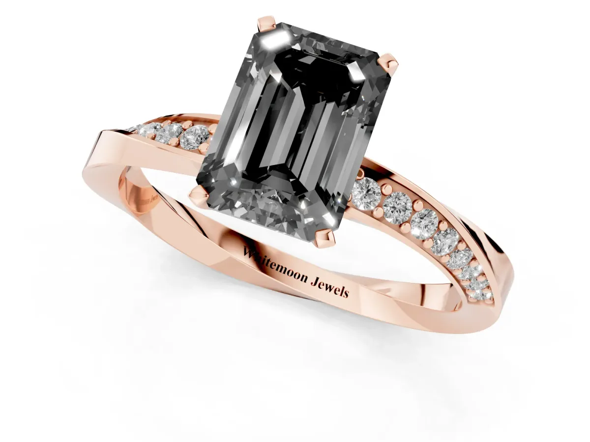 Fancy Black Emerald Cut Diamond Engagement Ring with Side Stone Accents and Four-Prong Setting Rose gold