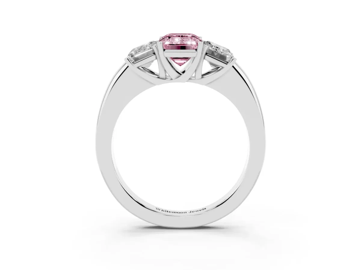 Fancy Pink Emerald Cut Diamond Three-Stone Ring with Four-Prong Setting and Classic Band Silver