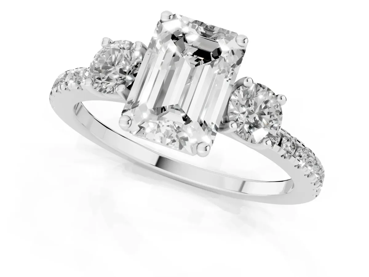 Three-Stone Emerald Cut Cut Diamond Pavé Band with Prong Setting Silver