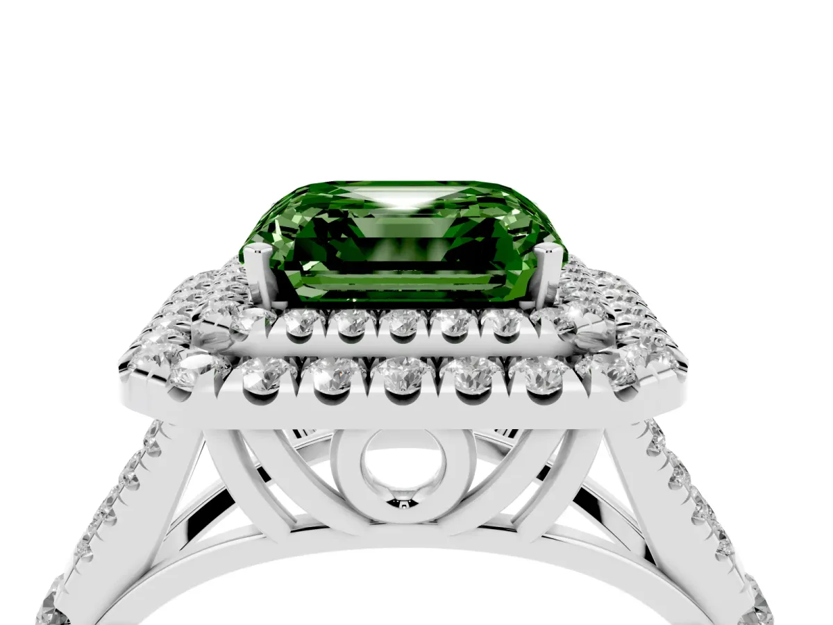 Fancy Green Asscher Cut Cut Double Halo Split Shank Diamond Ring with Prong Setting Silver