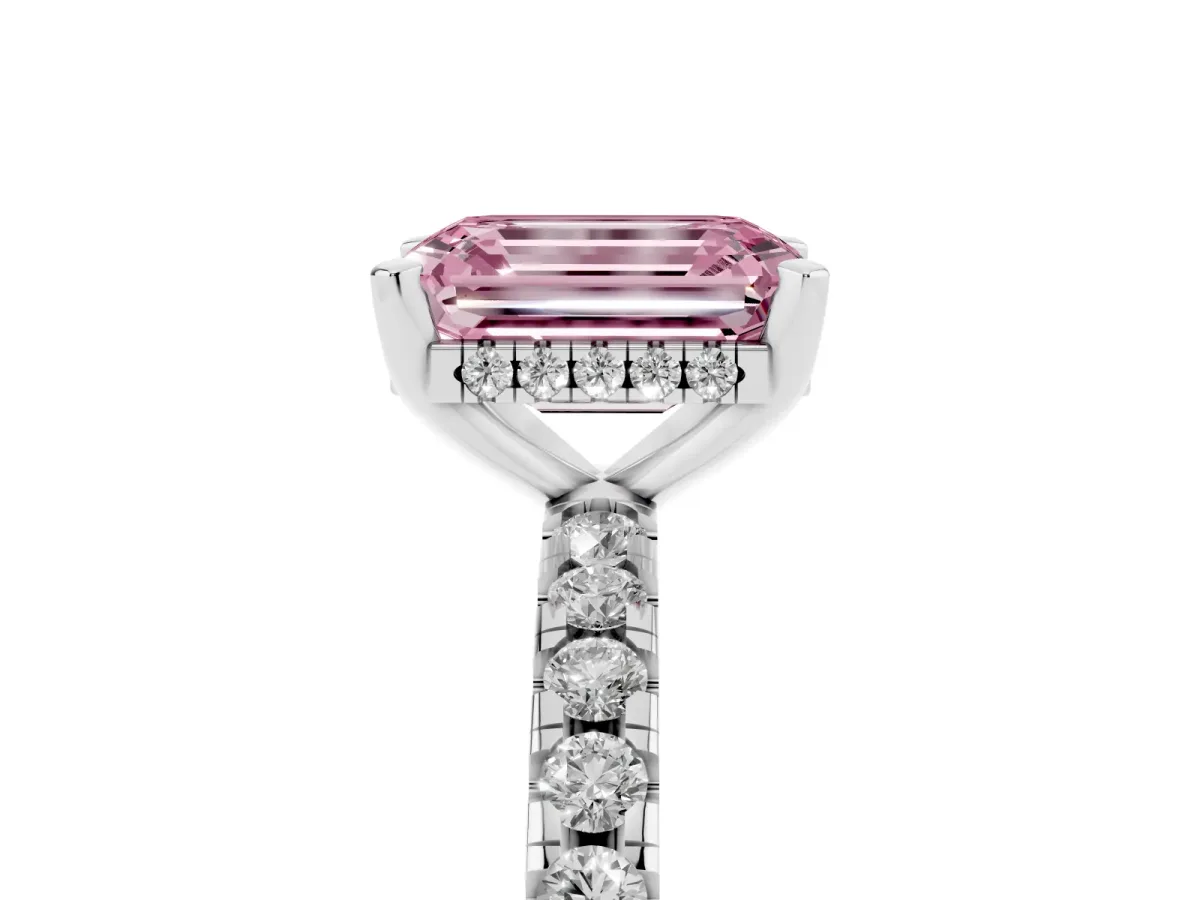 Fancy Pink Emerald Cut Diamond Solitaire Ring with Round Pavé Band and Four-Prong Setting Silver