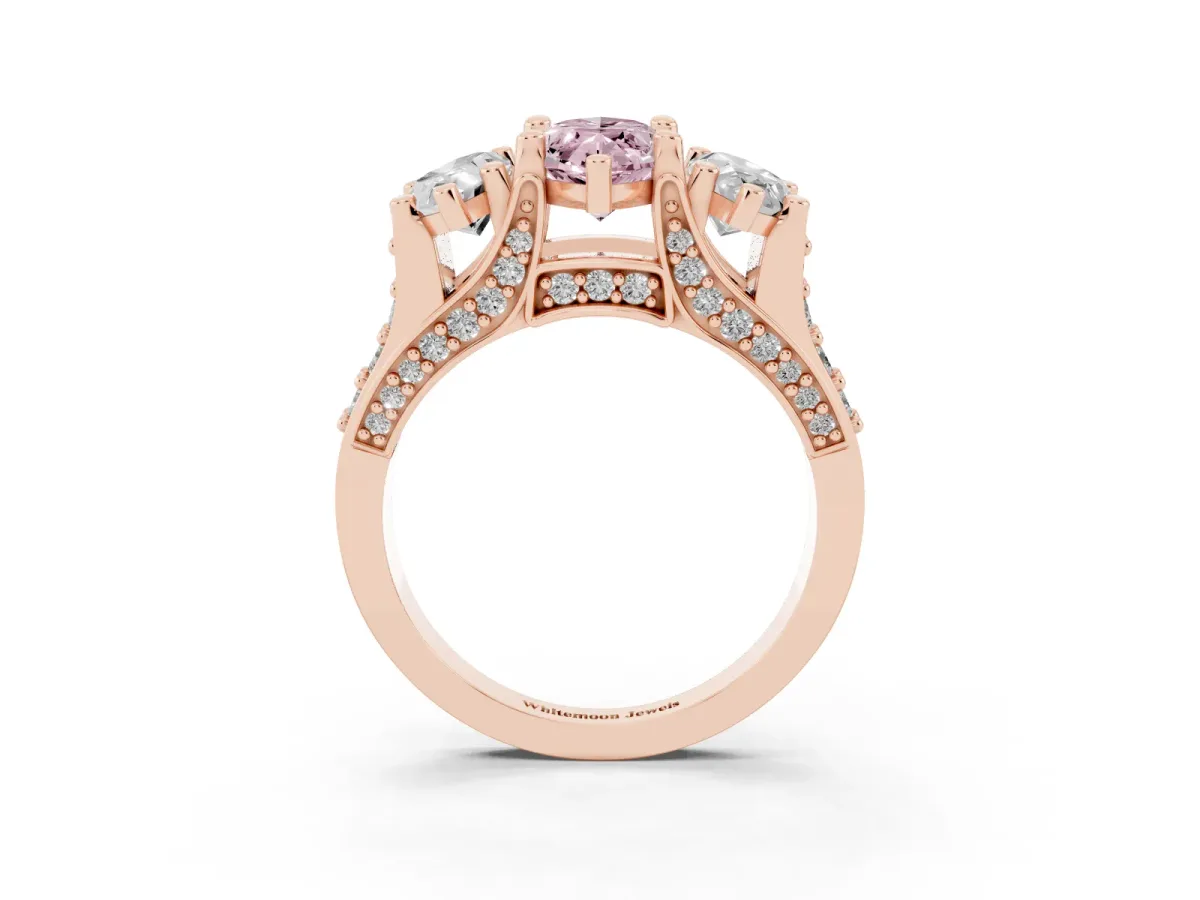 Fancy Pink Marquise Cut Diamond Three-Stone Ring with Channel Set Band and Four-Prong Setting Rose gold