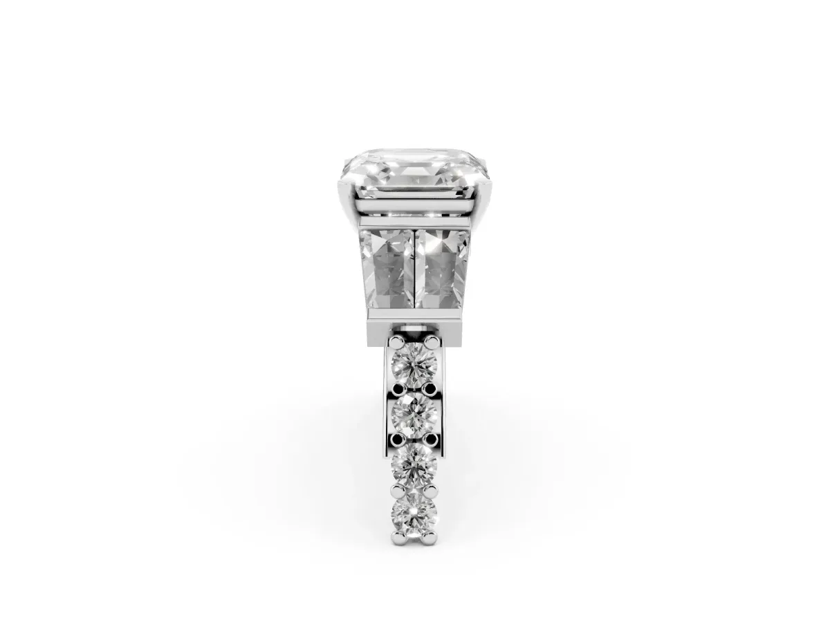 Asscher Cut Diamond Engagement Ring with Baguette Side Stones and Channel Set Band Platinum