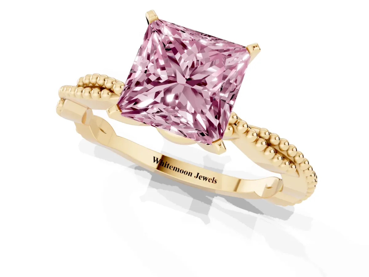 Fancy Pink Princess Cut Solitaire Twisted Band with Bead Prong Setting Yellow gold