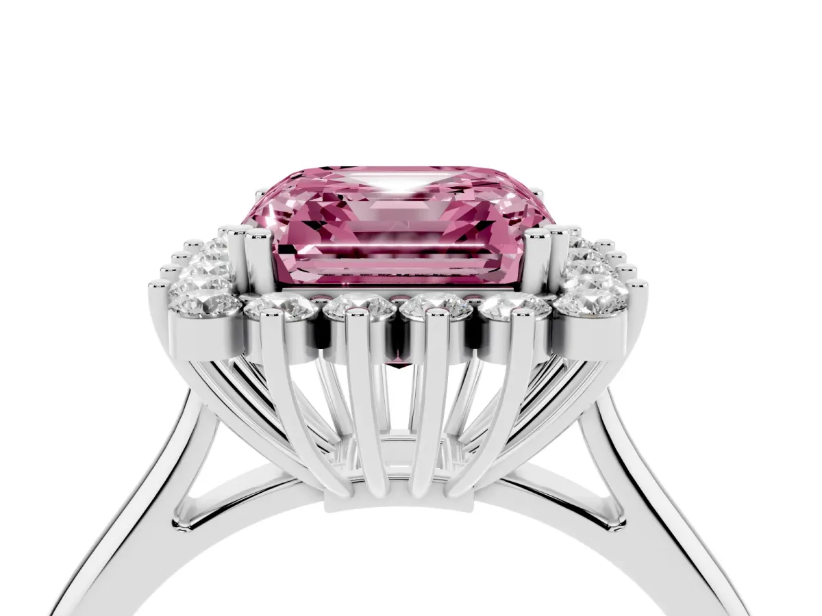 Fancy Pink Asscher Cut Cut Diamond Halo Ring with Solitaire Band and Prong Setting Platinum