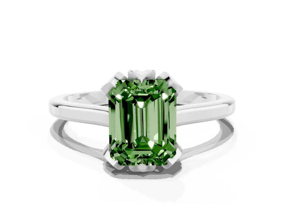 Fancy Green Emerald Cut Diamond Solitaire Ring with Flower Prong Setting and Classic Band Silver