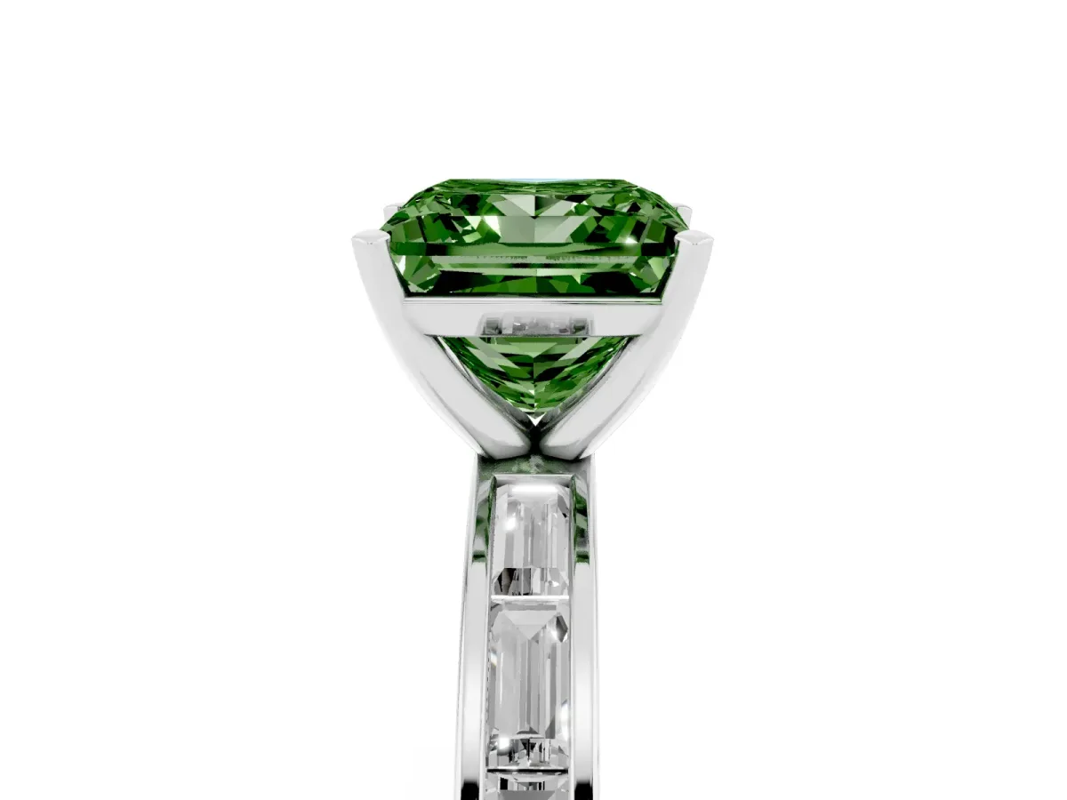 Fancy Green Princess Cut Solitaire Diamond Ring with Channel-Set Baguette Band and Four-Prong Setting Platinum