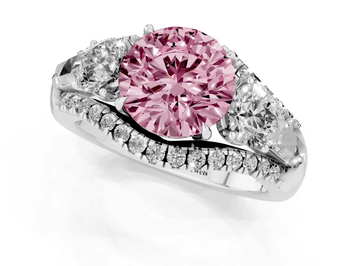 Fancy Pink Three-Stone Round Cut Diamond Engagement Ring with Pave Band and Prong Setting Silver