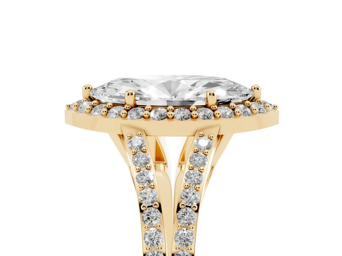 Marquise Cut Halo Split Shank Pave Diamond Ring with Four-Prong Setting Yellow gold