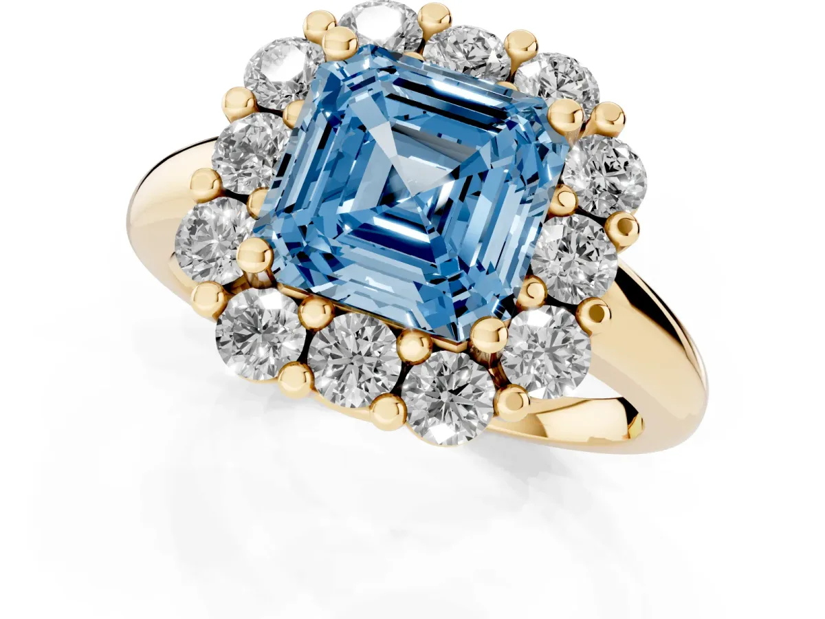 Fancy Blue Asscher Cut Halo Cluster Diamond Engagement Ring with Prong Setting and Polished Band Yellow gold