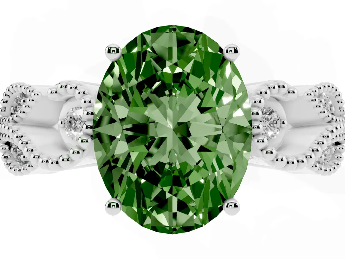 Fancy Green Oval Cut Solitaire Milgrain Leaf Band with Prong Setting Silver