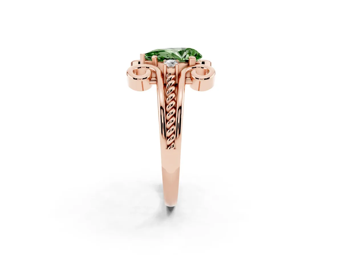 Fancy Green Pear Cut Solitaire Twisted Band Scroll Prong Ring Rose gold