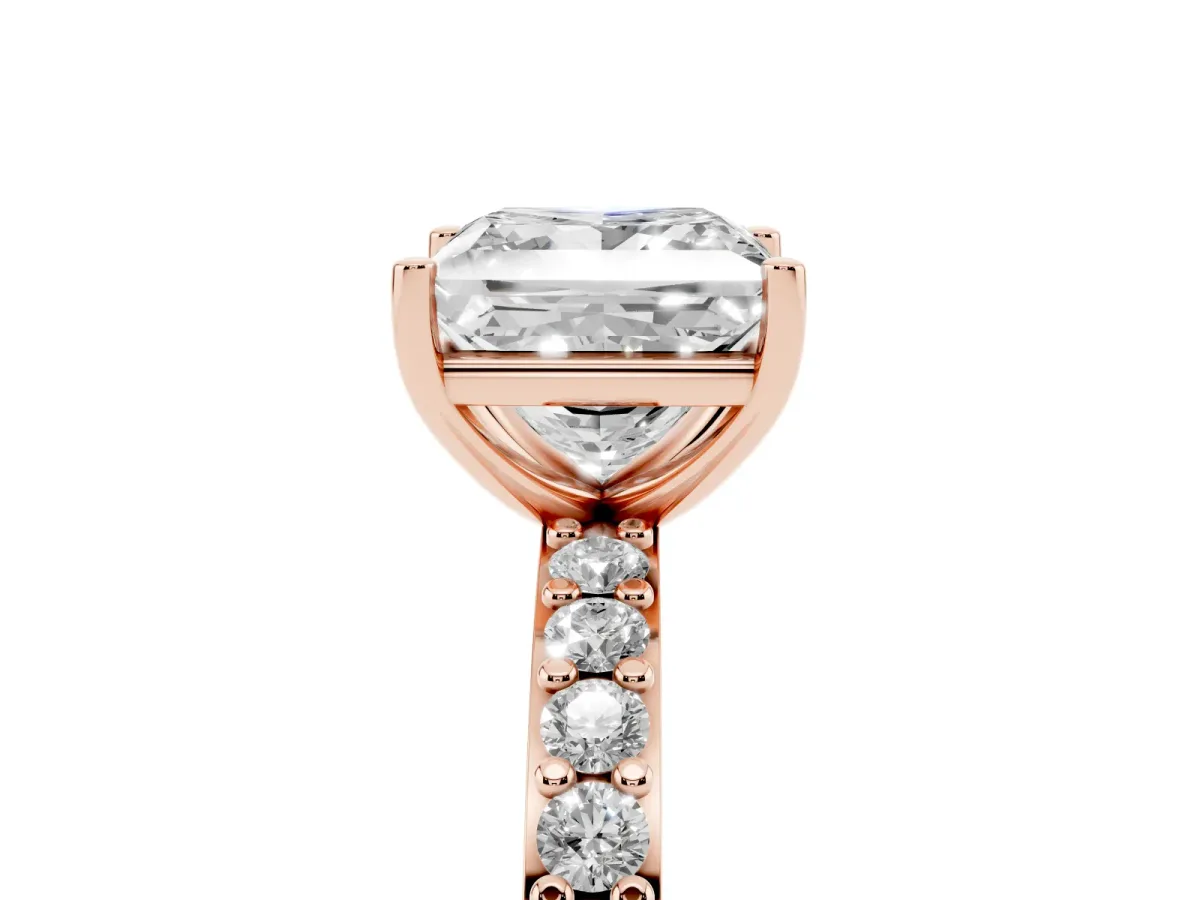 Princess Cut Cut Diamond Solitaire with Pave Band and Four-Prong Setting Rose gold