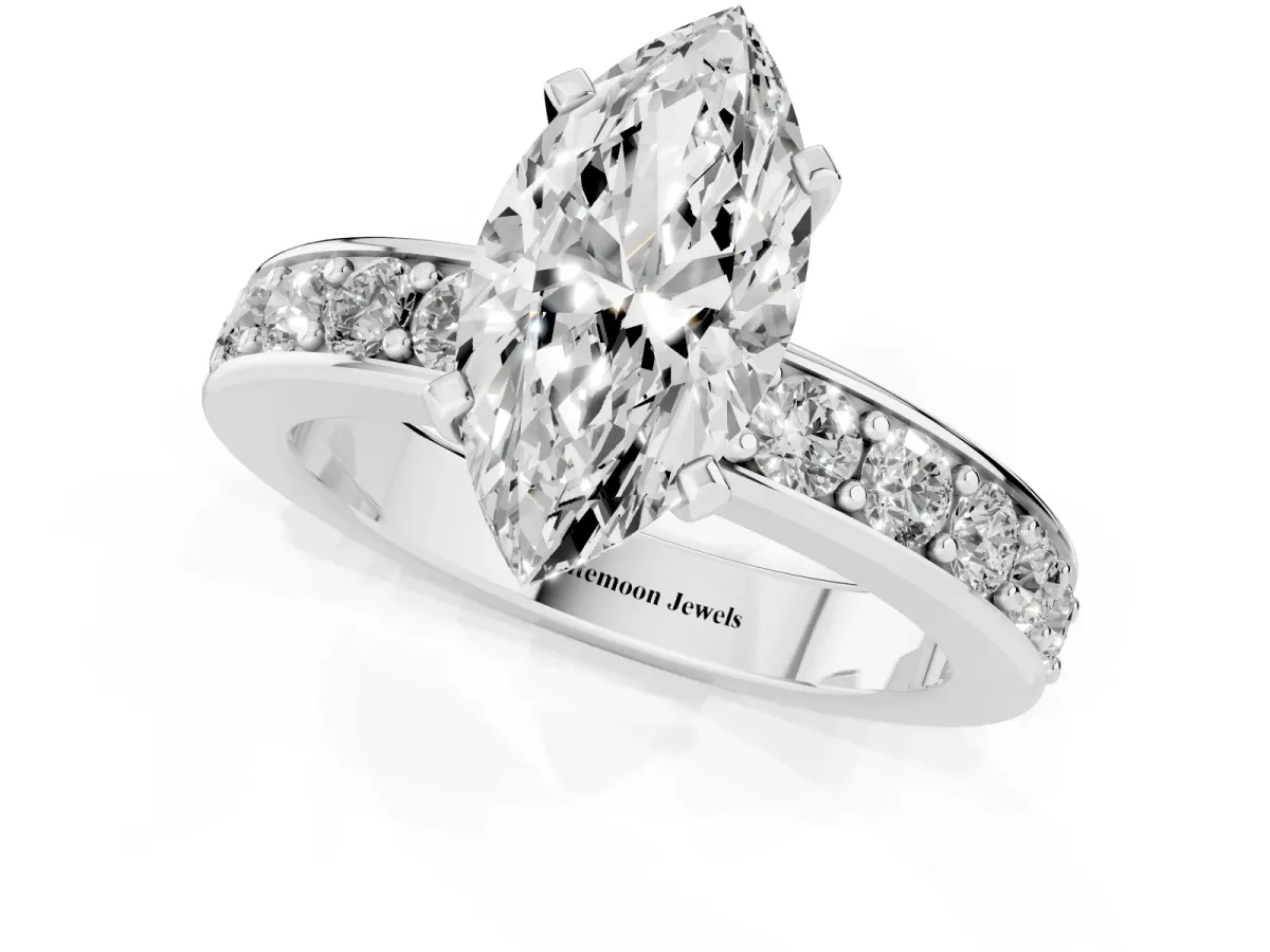 Marquise Cut Diamond Engagement Ring with Channel Set Round Band and Prong Setting Silver