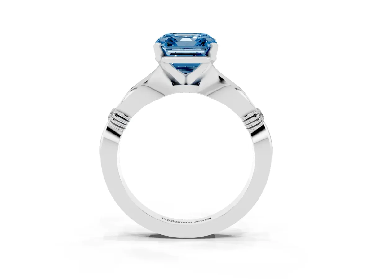 Fancy Blue Asscher Cut Solitaire Diamond Twisted Band with Four-Prong Setting White gold
