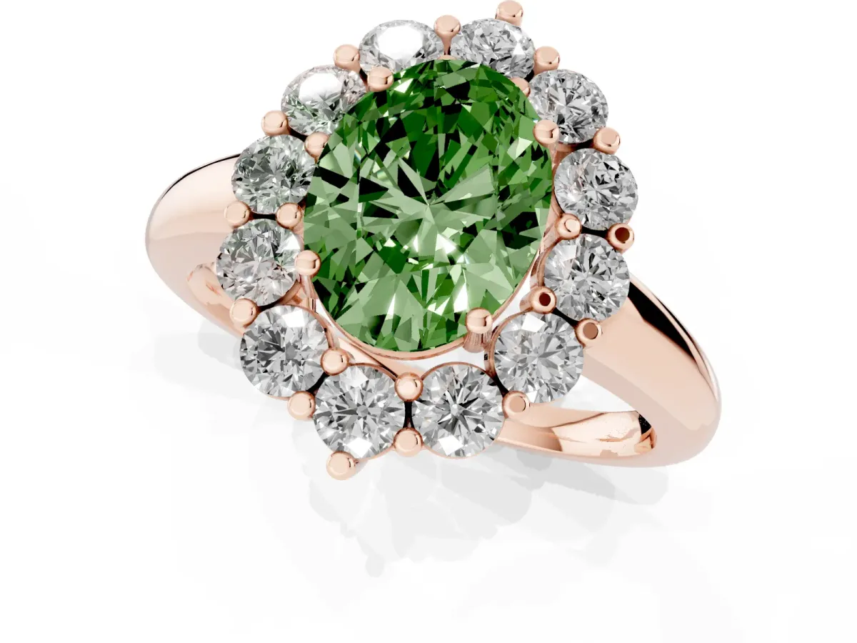 Fancy Green Oval Cut Halo Cluster Diamond Engagement Ring with Prong Setting and Polished Band Rose gold