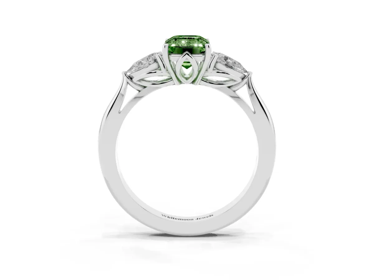Fancy Green Three-Stone Emerald Cut Brilliant Diamond Solitaire Ring with Tapered Band and Four-Prong Setting White gold