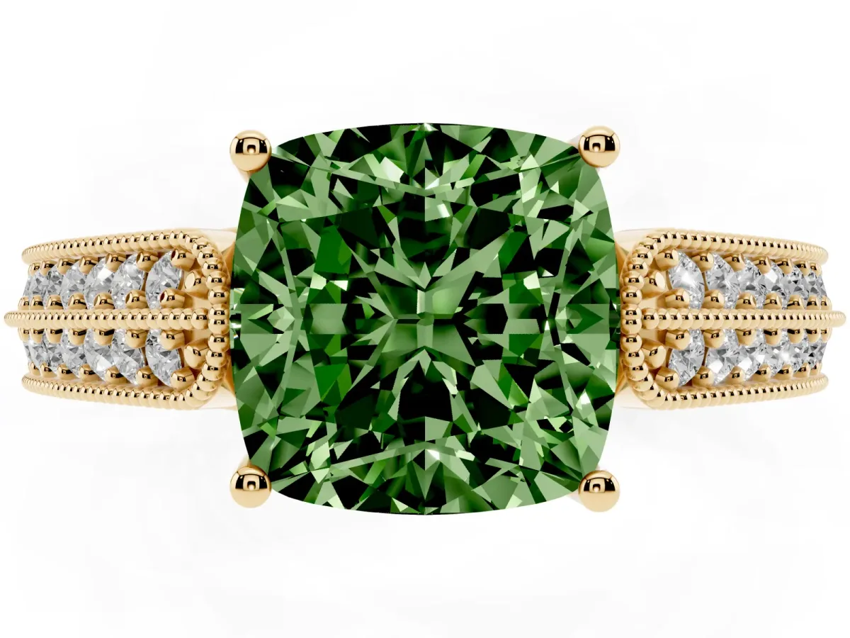 Fancy Green Cushion Cut Cut Pave Split Shank Engagement Ring with Four-Prong Setting Yellow gold
