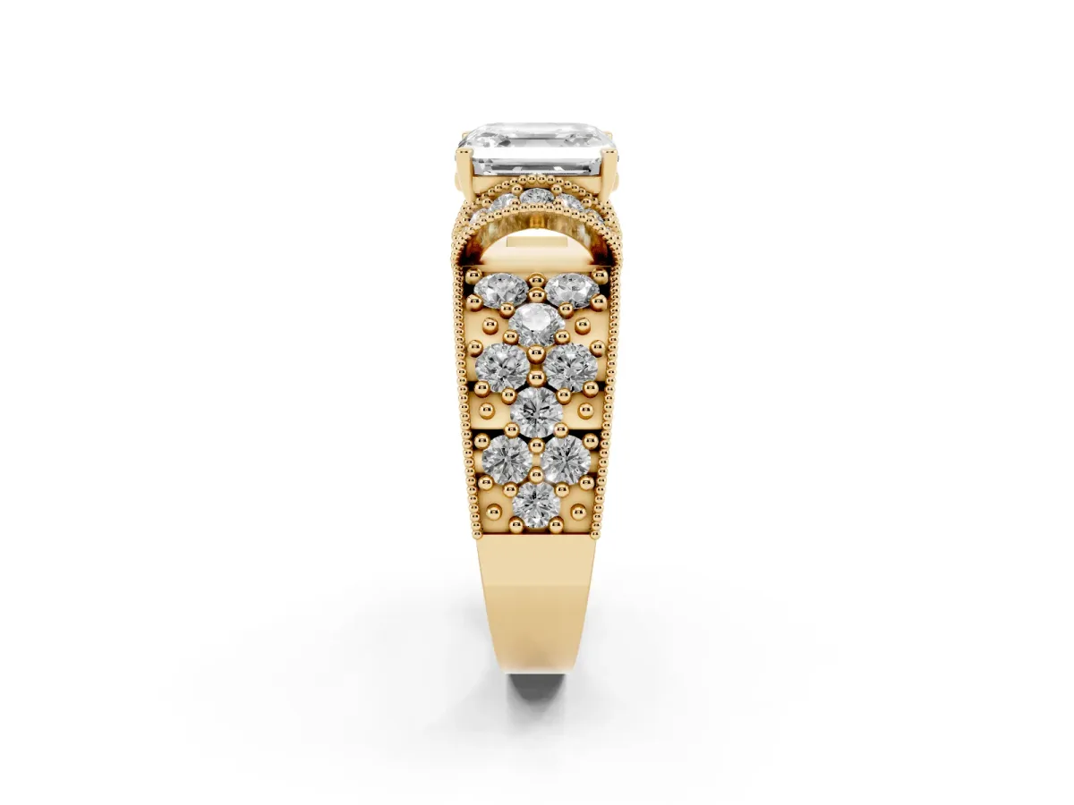 Asscher Cut Halo Pave Diamond Engagement Ring with Milgrain Detailing Yellow gold