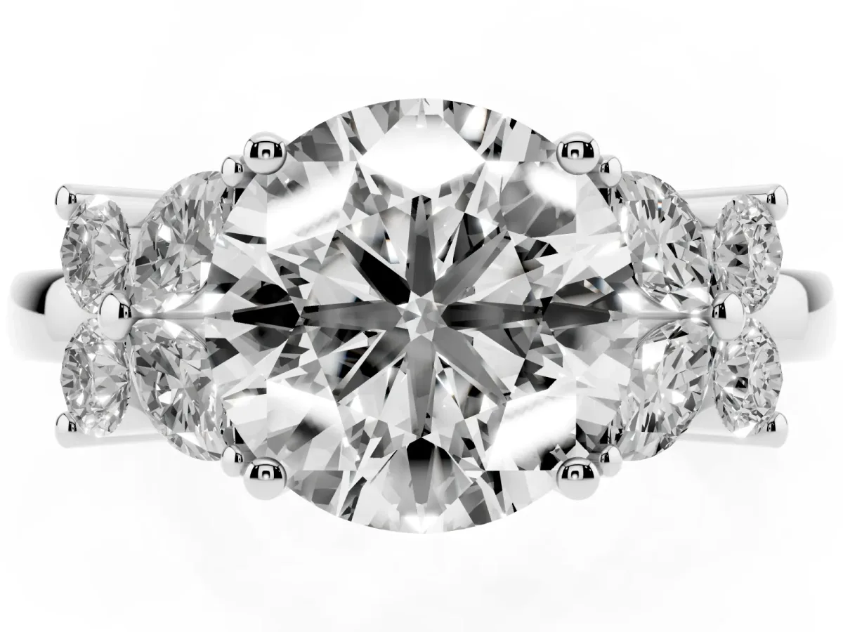 Round Cut Diamond Floral Cluster Ring with Solitaire Band and Prong Setting Silver