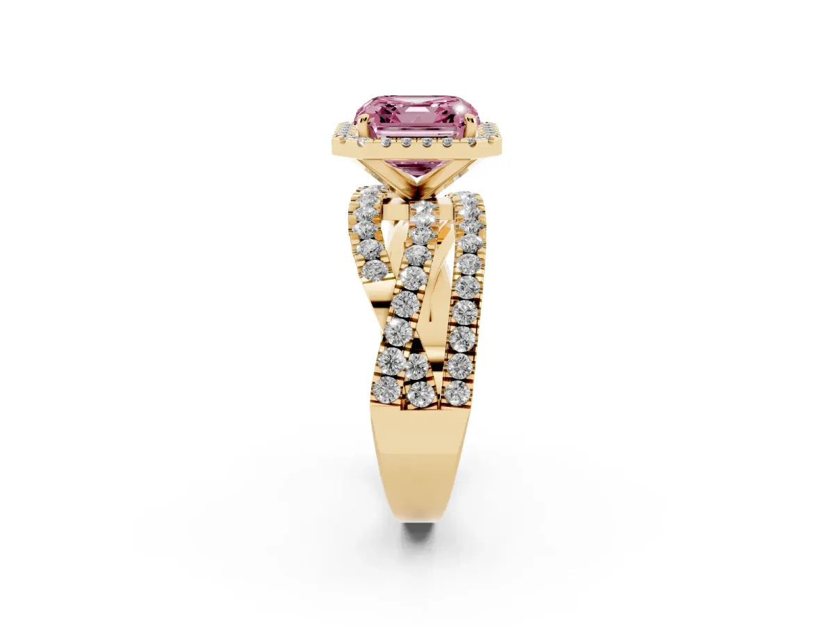 Fancy Pink Asscher Cut Diamond Halo Ring with Round Split Shank and Prong Setting Yellow gold