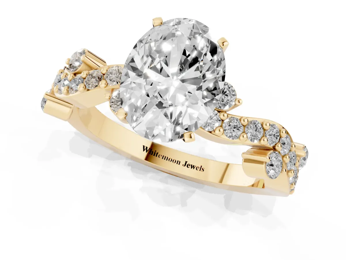 Oval Cut Cut Solitaire Diamond Twisted Band with Pave Setting Yellow gold