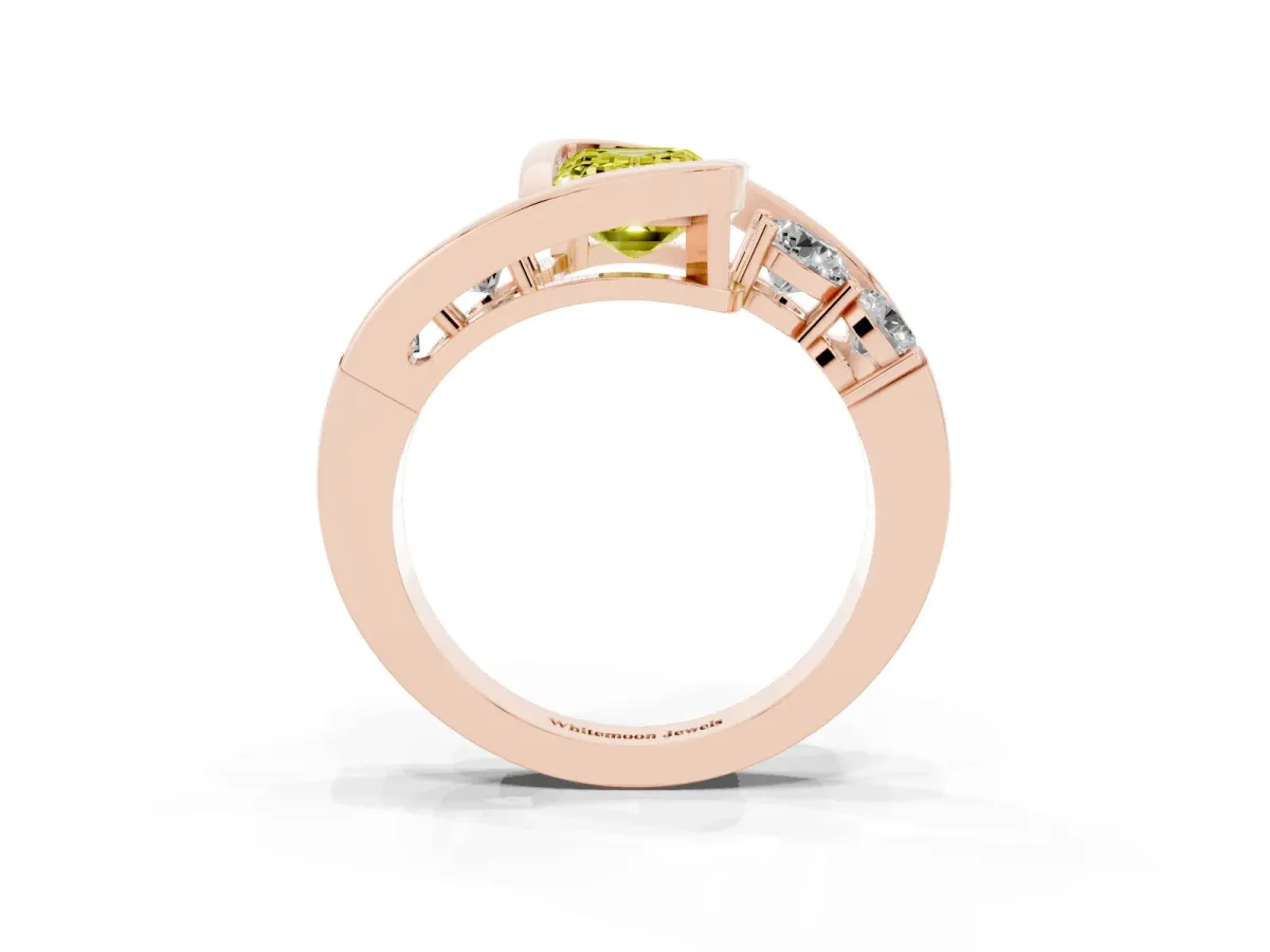 Fancy Yellow Bezel Set Emerald Cut Diamond Bypass Ring with Round Accents Rose gold