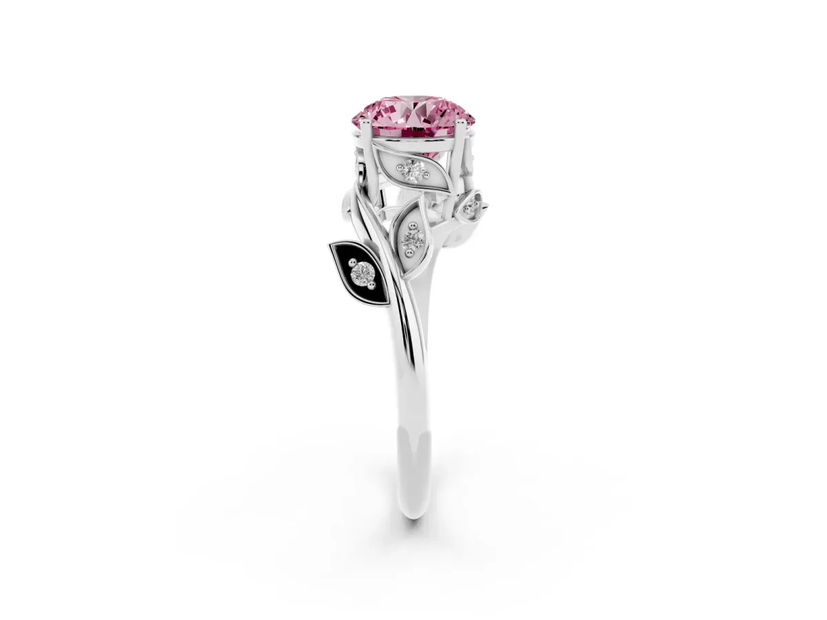 Fancy Pink Round Cut Solitaire Twist Engagement Ring with Leaf Accents and Prong Setting Silver