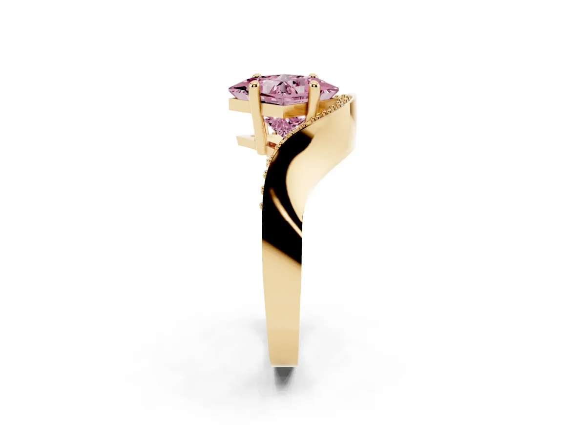 Fancy Pink Princess Cut Solitaire Diamond Engagement Ring with Pave Band and Four-Prong Setting Yellow gold
