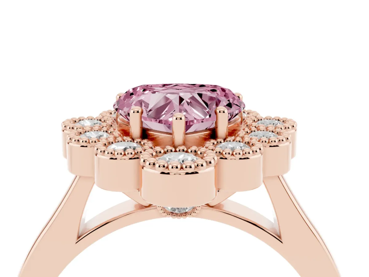 Fancy Pink Heart Cut Halo Diamond Cluster Engagement Ring with Milgrain Bezel Setting and Solitaire Band Rose gold