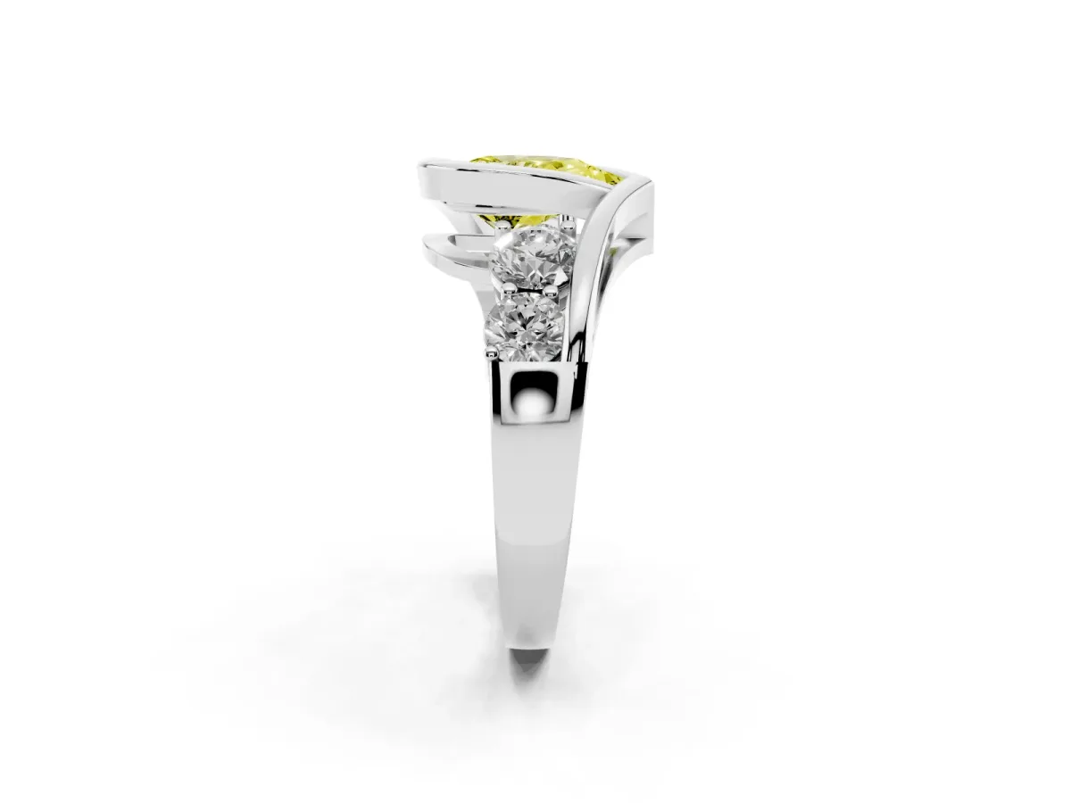 Fancy Yellow Bezel Set Pear Cut Diamond Bypass Ring with Round Accents Silver