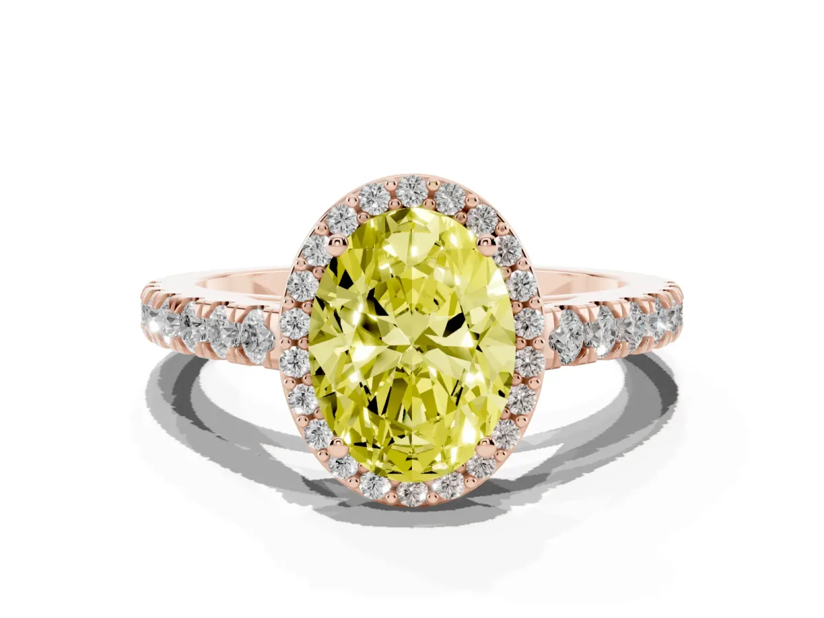 Fancy Yellow Oval Cut Cut Halo Diamond Engagement Ring with Pave Band and Four-Prong Setting Rose gold