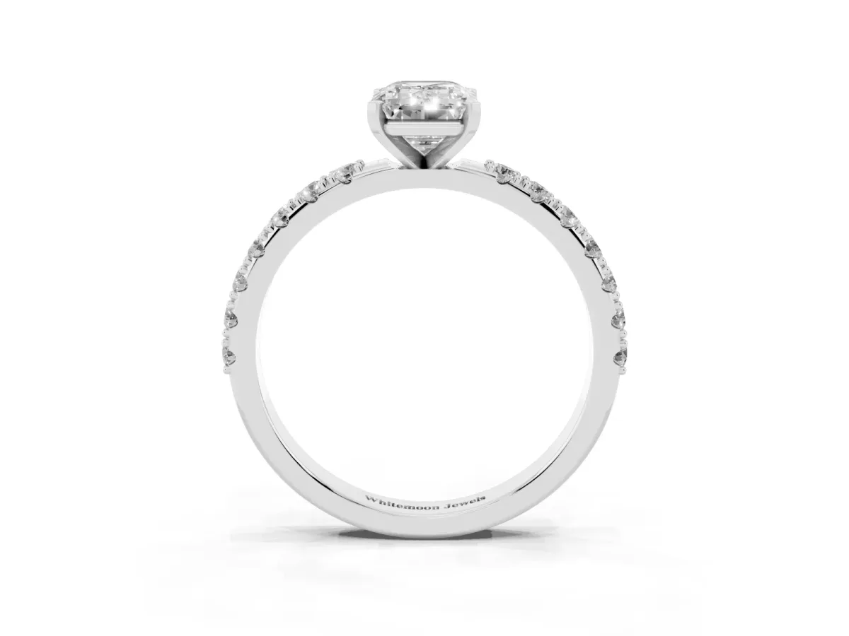 Emerald Cut Diamond Solitaire Pavé Band with Four-Prong Setting Platinum