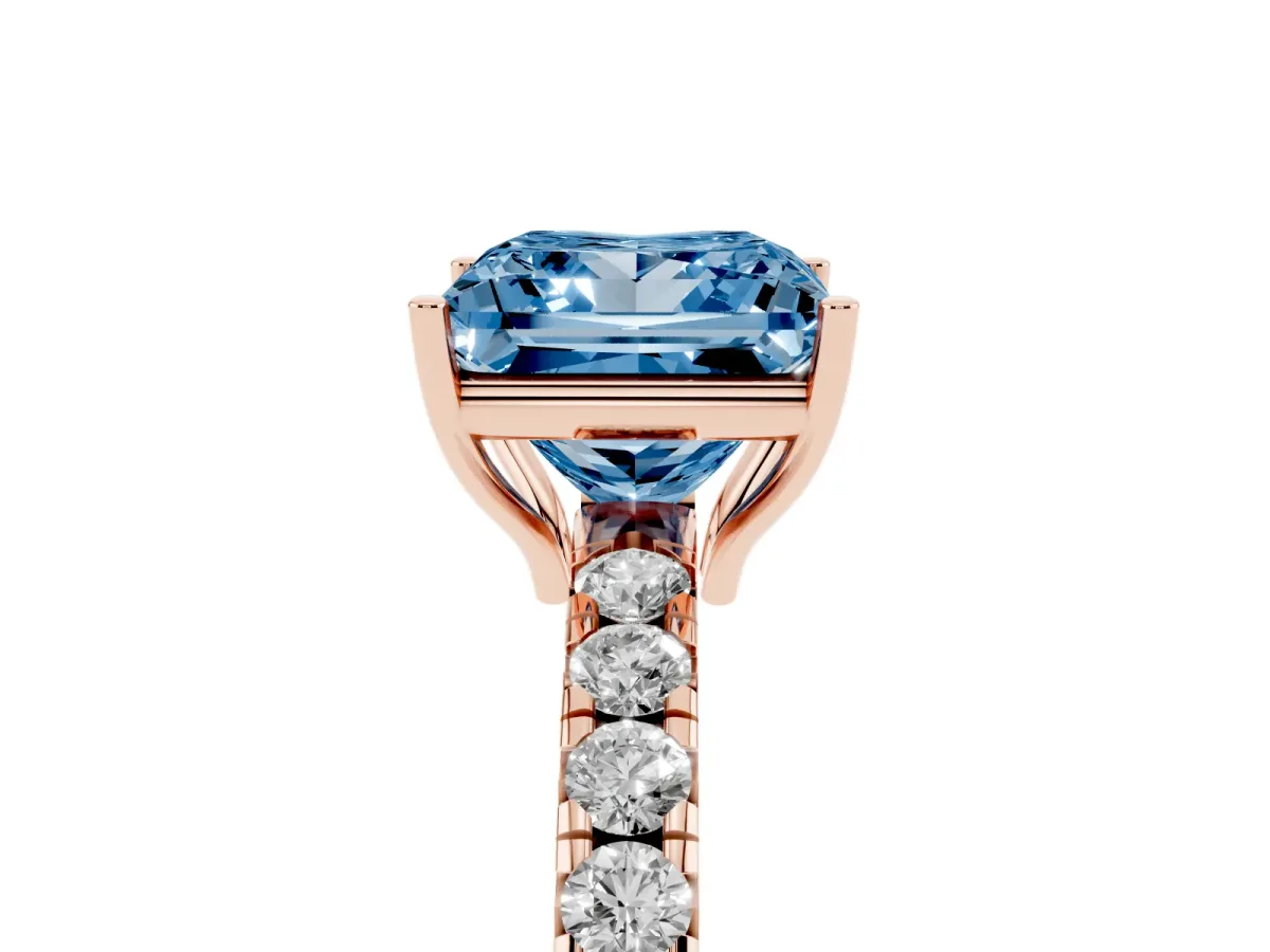 Fancy Blue Princess Cut Diamond Pavé Solitaire Engagement Ring with Four-Prong Setting Rose gold