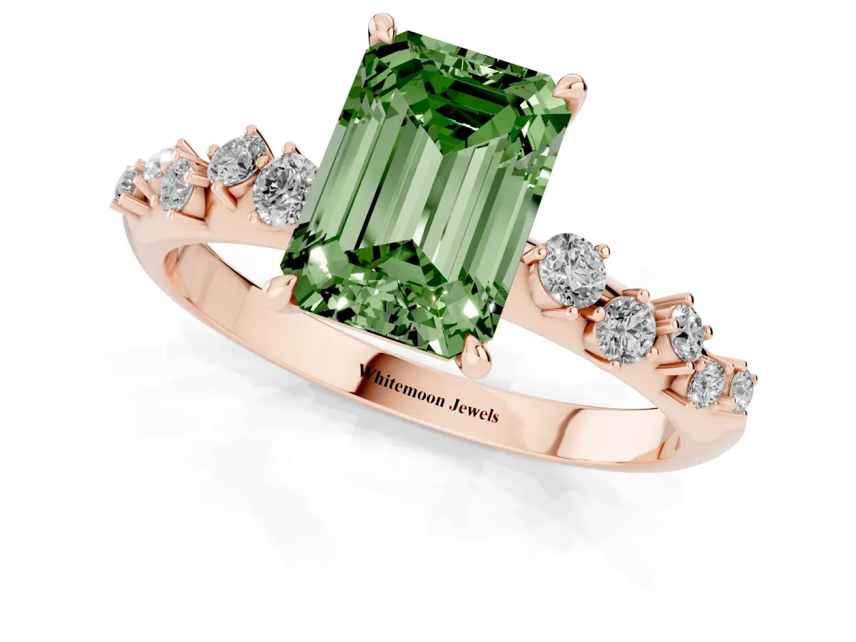 Fancy Green Emerald Cut Diamond Cluster Side Stone Solitaire Ring with Prong Setting Rose gold
