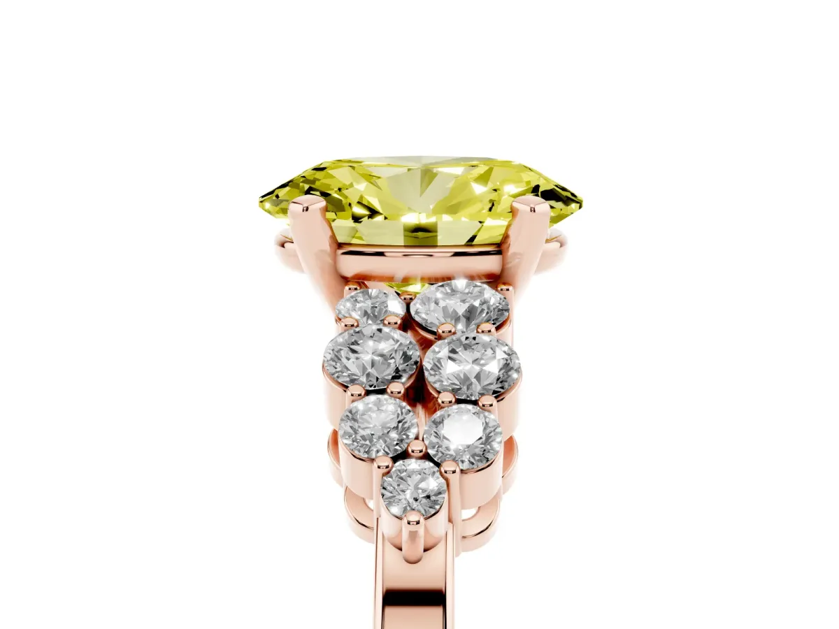 Fancy Yellow Oval Cut Cluster Diamond Engagement Ring with Pavé Band and Four-Prong Setting Rose gold
