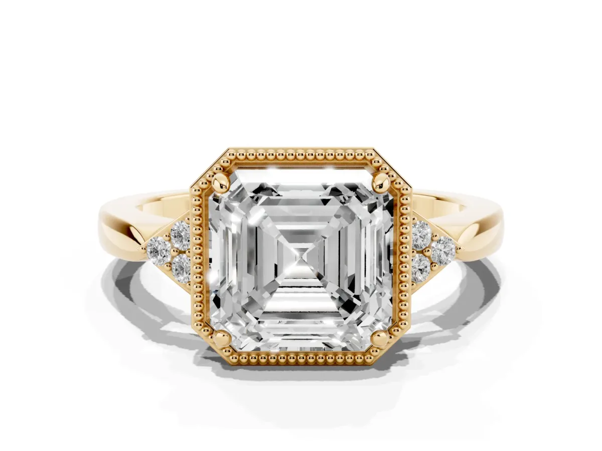 Hexagonal Halo Asscher Cut Diamond Solitaire with Pavé Band and Four-Prong Setting Yellow gold